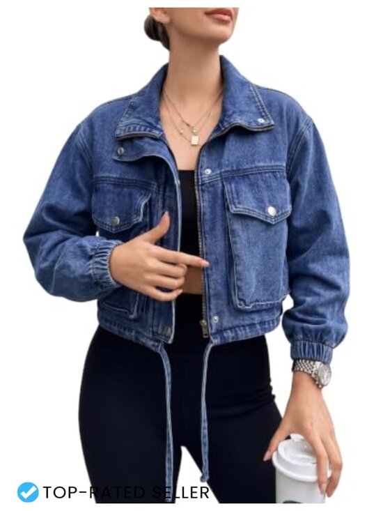 Jackets & Blazers - Women's Cropped Denim Jacket Zip Front Lightweight Casual